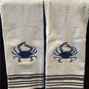Crab Embroidered Kitchen Towels - Blue and Gray